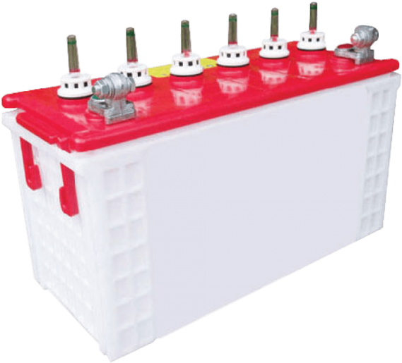 a red and white battery box with four terminals