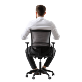 a man in a white shirt is sitting on an office chair
