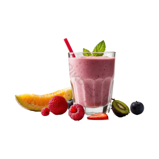 a glass filled with fruit and a straw