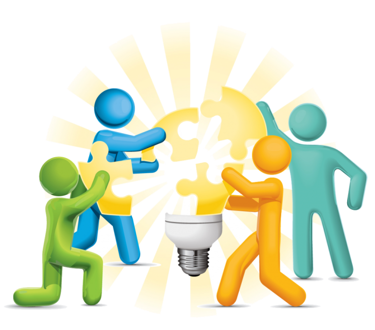 a group of people holding up a light bulb