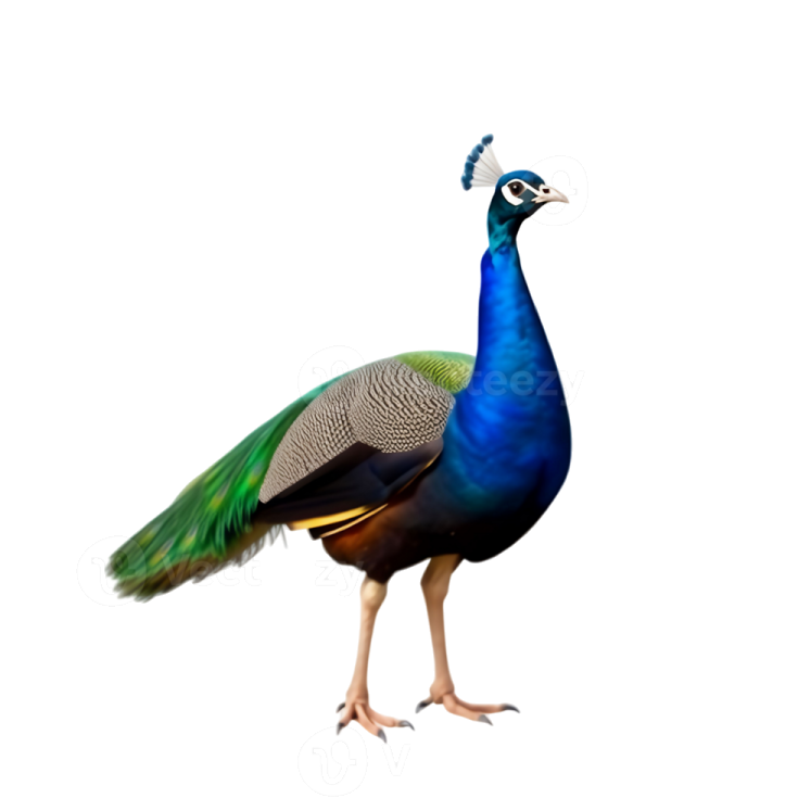 a blue and green peacock on a white background