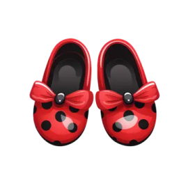 a pair of red shoes with black polka dots on them