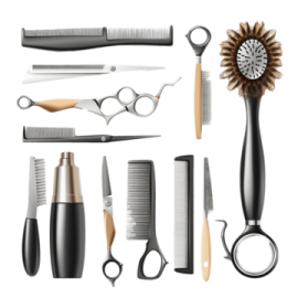 a set of scissors, combs and hairbrushs