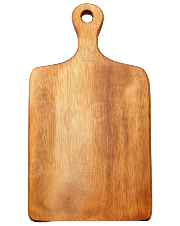 a wooden cutting board on a white background