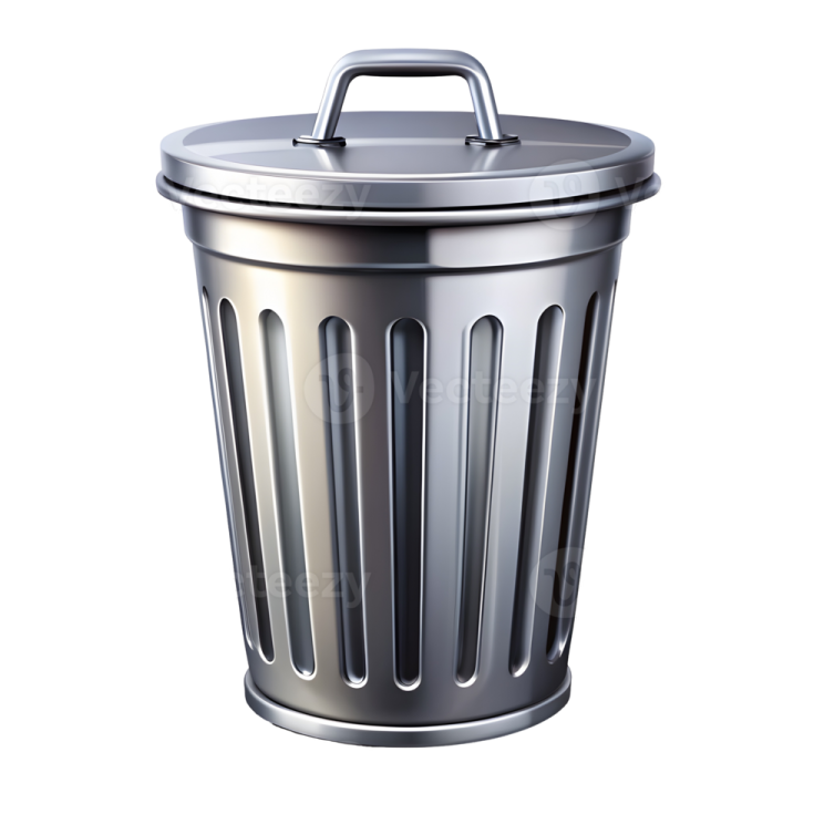 a metal trash can on a white background