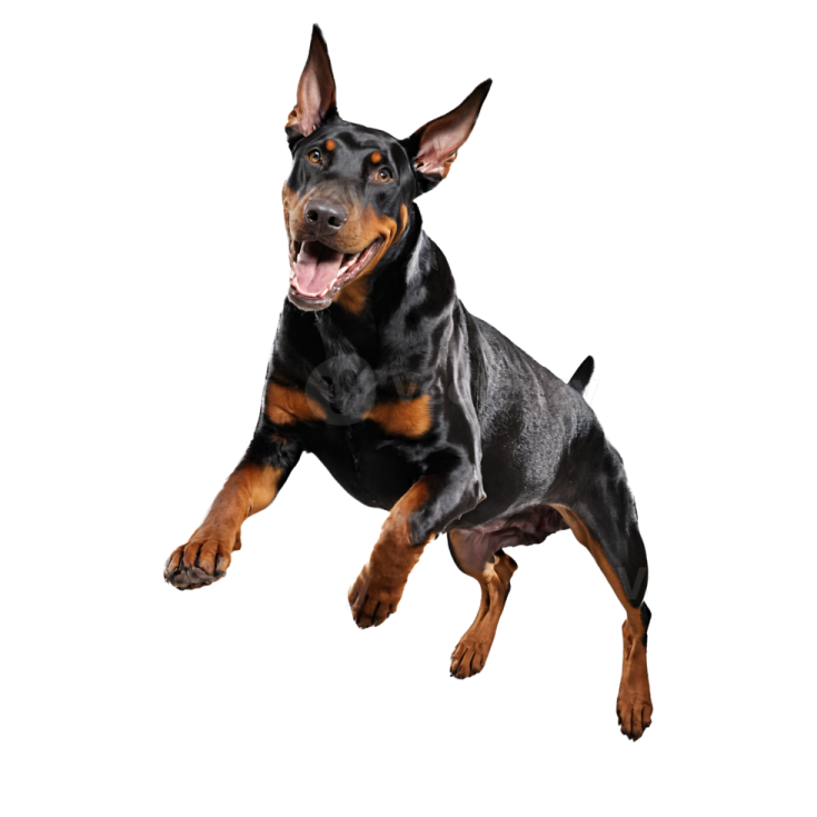 a black and brown dog jumping in the air