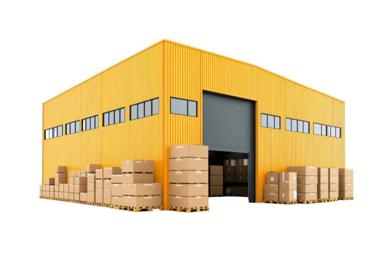 a warehouse with boxes in front of it