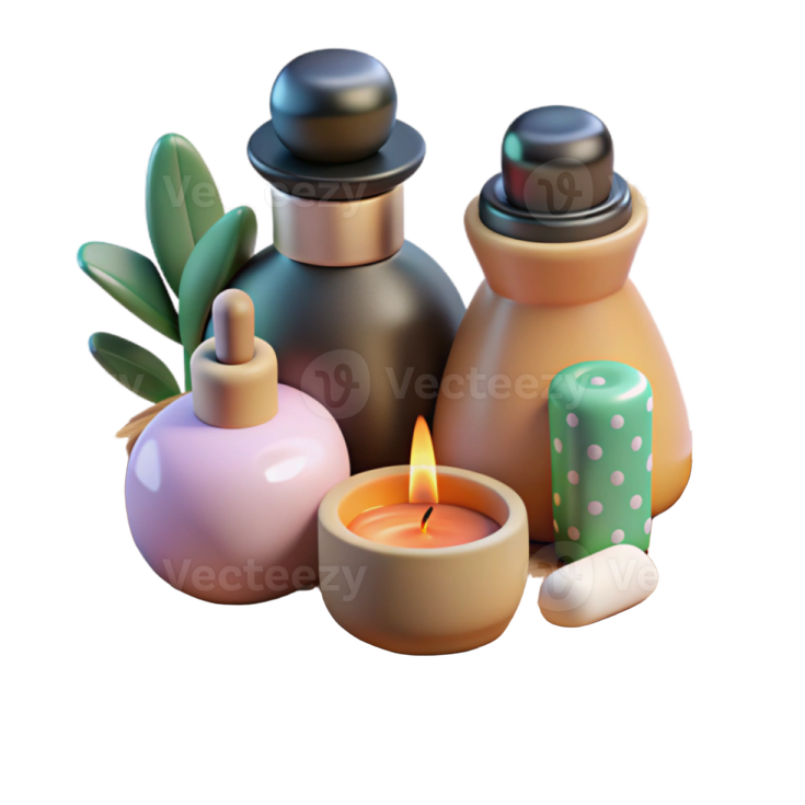 a wooden tray with bottles and candles on it