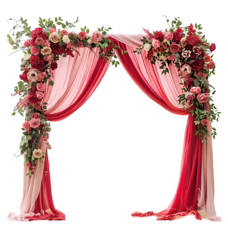 a red and pink wedding arch with flowers