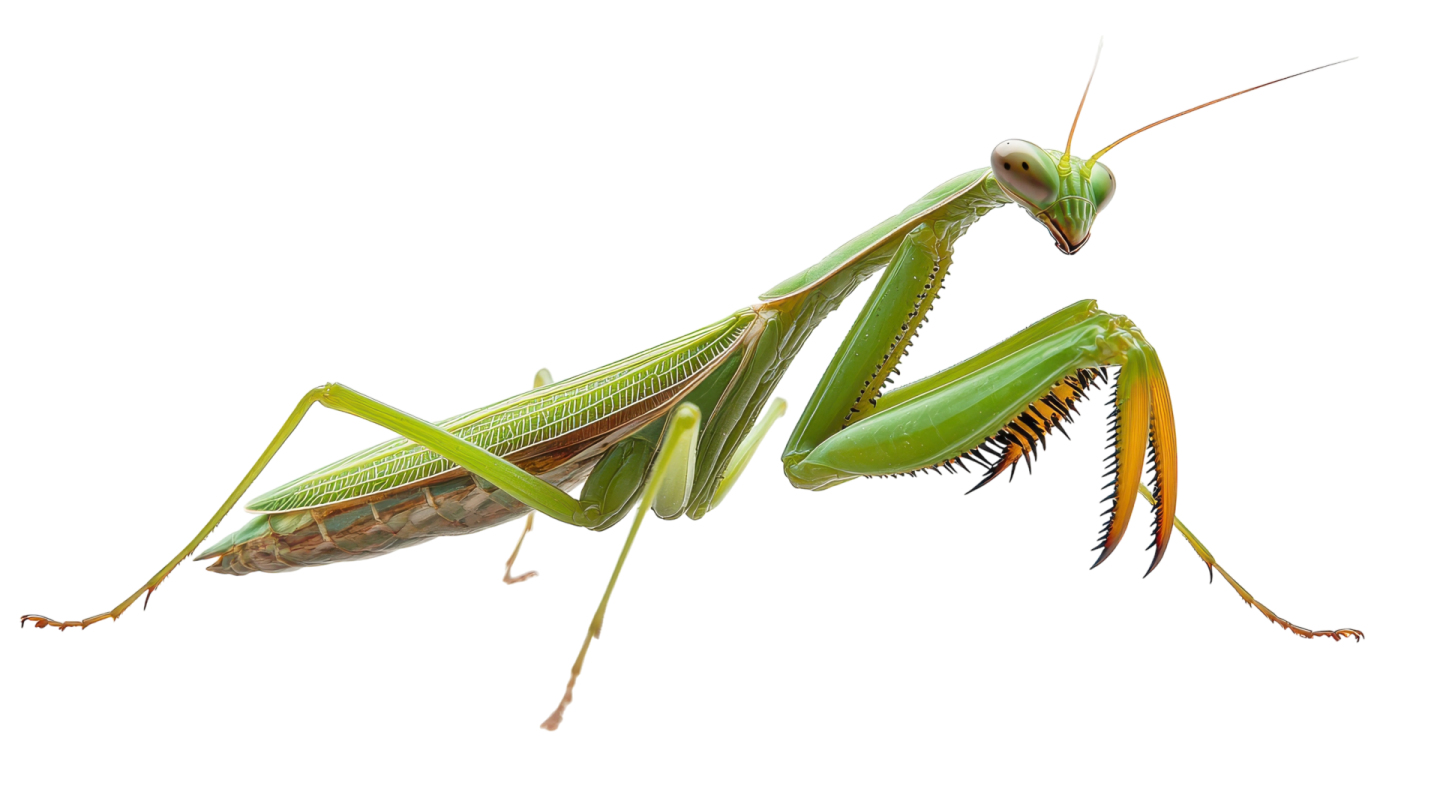 a green praying mantis on a white background