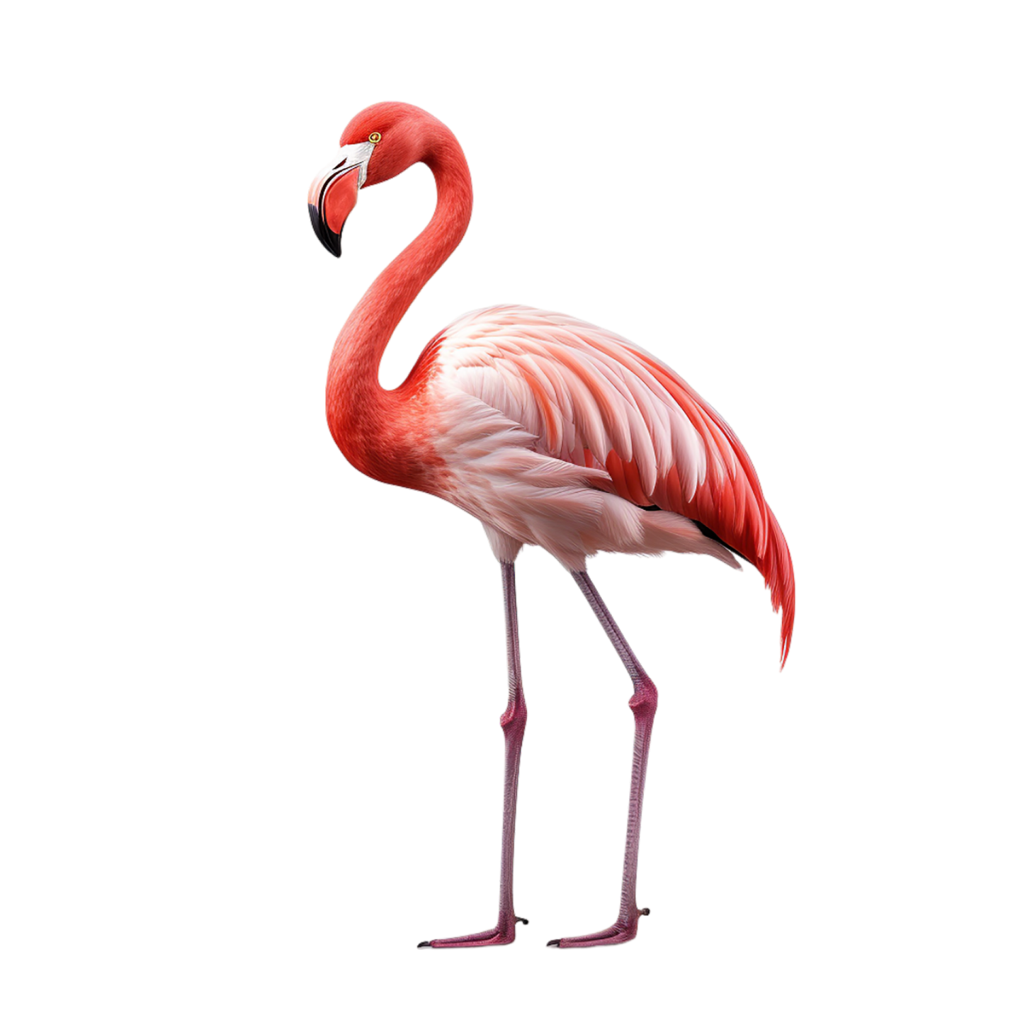 a pink flaming standing in front of a white background