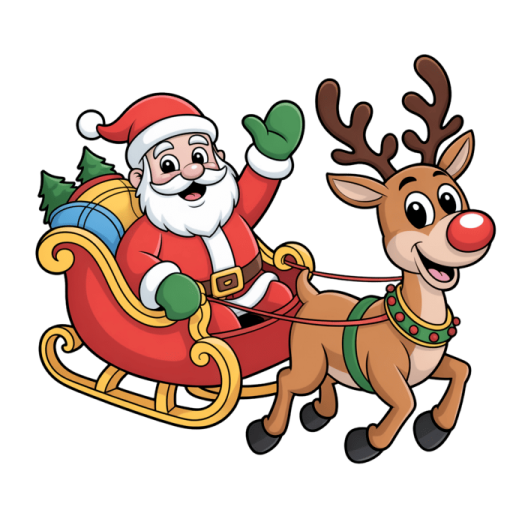 a santa claus riding on a sled reindeer