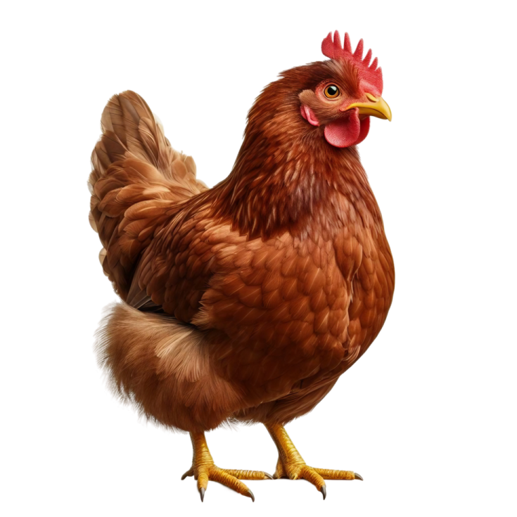 a brown chicken standing on top of a white surface