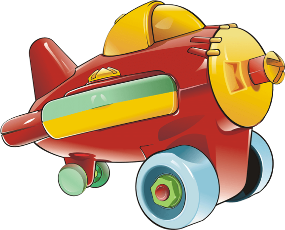 a red toy plane with yellow wheels