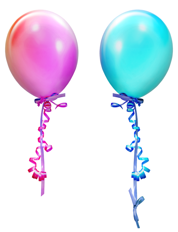 two balloons with ribbons on them