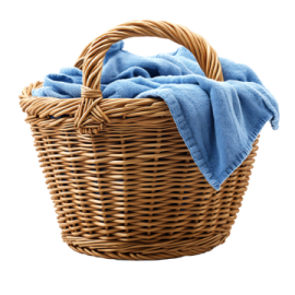 a basket filled with blue towels