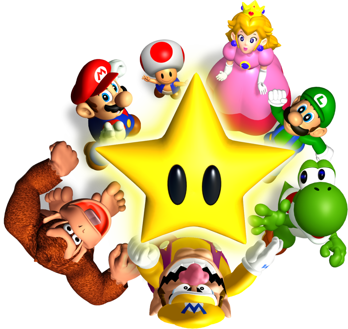 a group of nintendo characters standing around a star