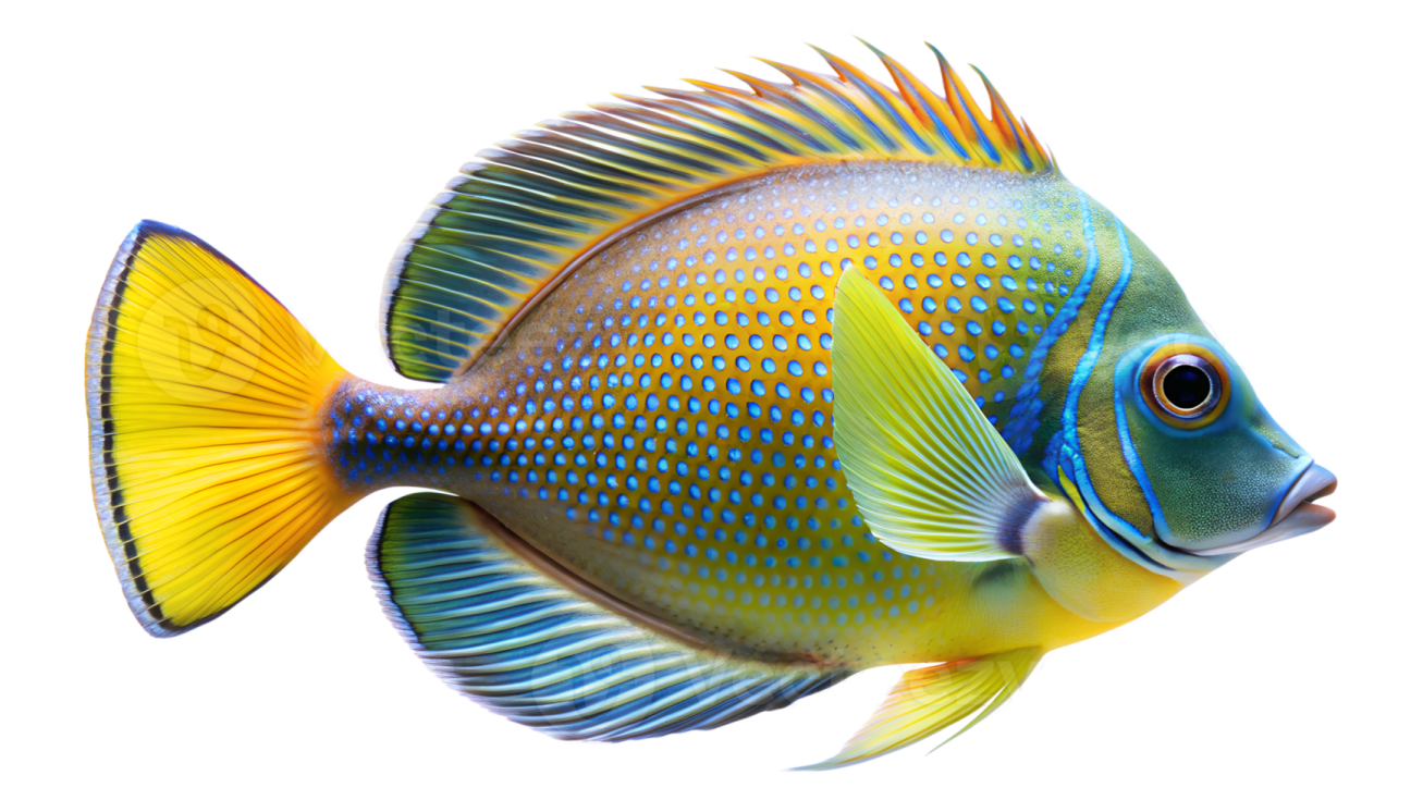 a blue and yellow fish on white background
