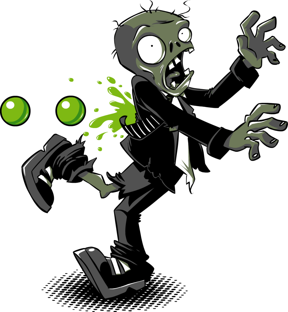 a cartoon zombie in a suit throwing a green ball