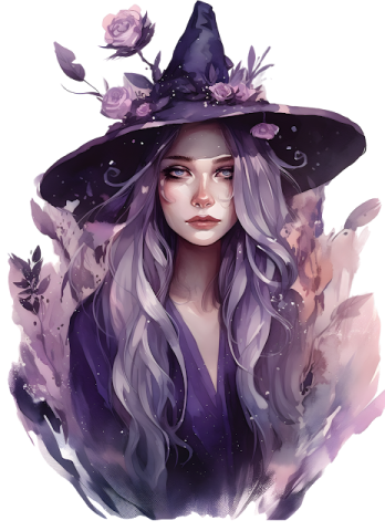 an illustration of a witch with long hair and a hat