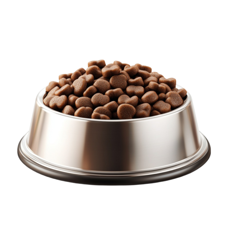 a metal bowl filled with brown dog food