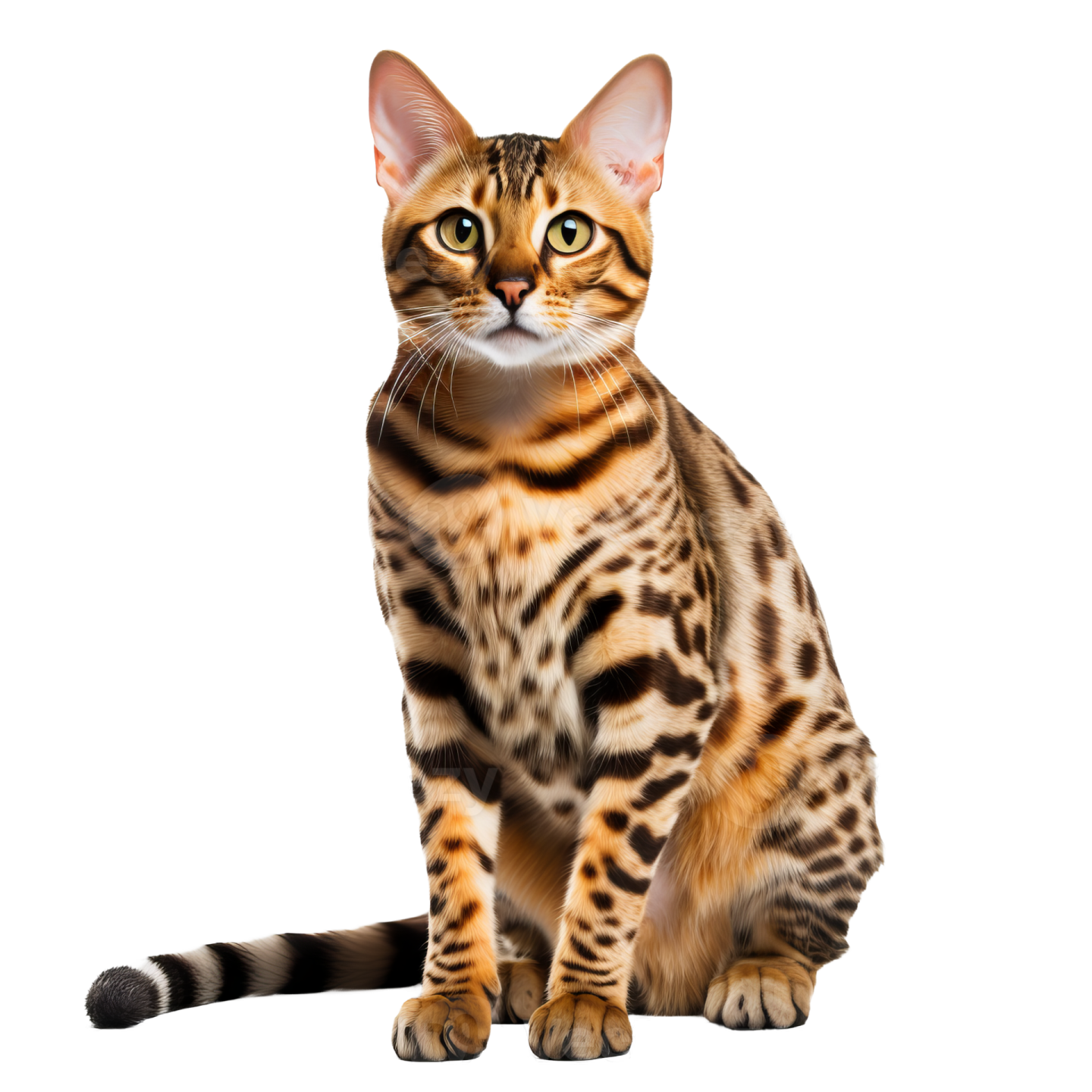 a bengal cat sitting on a white background