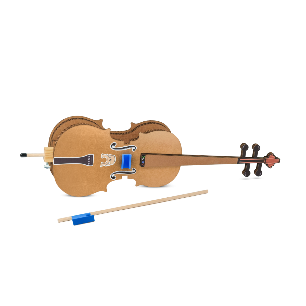 a wooden violin with a bow and a stick