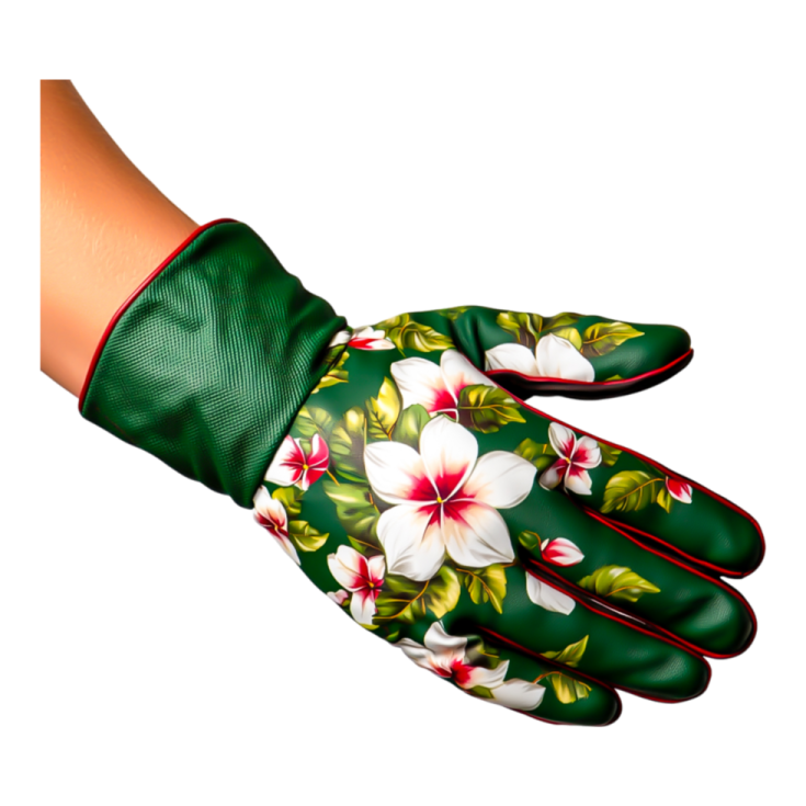 a pair of gardening gloves with flowers on them