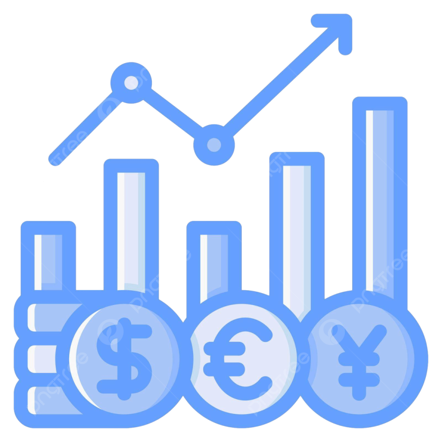 a bar chart with coins and an arrow