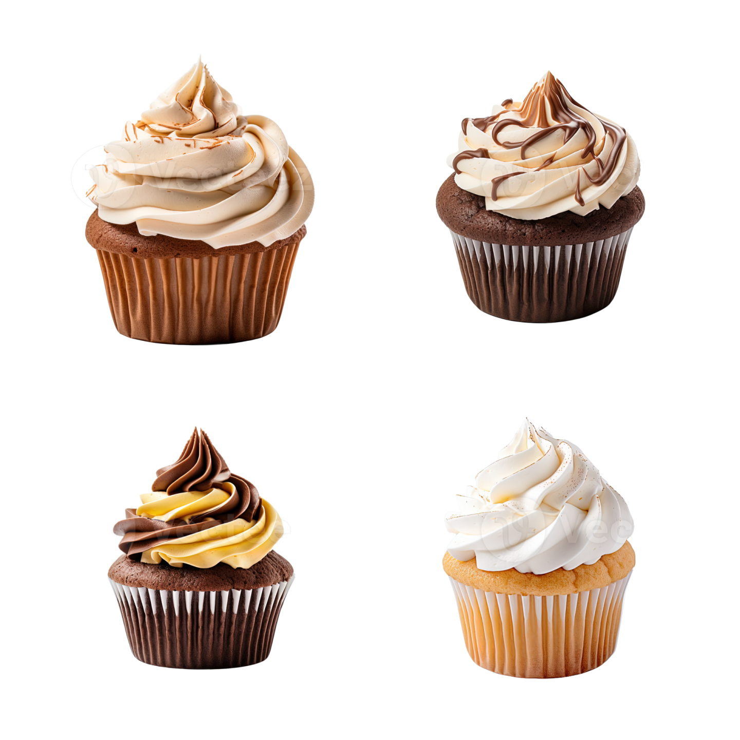 four cupcakes on a white background