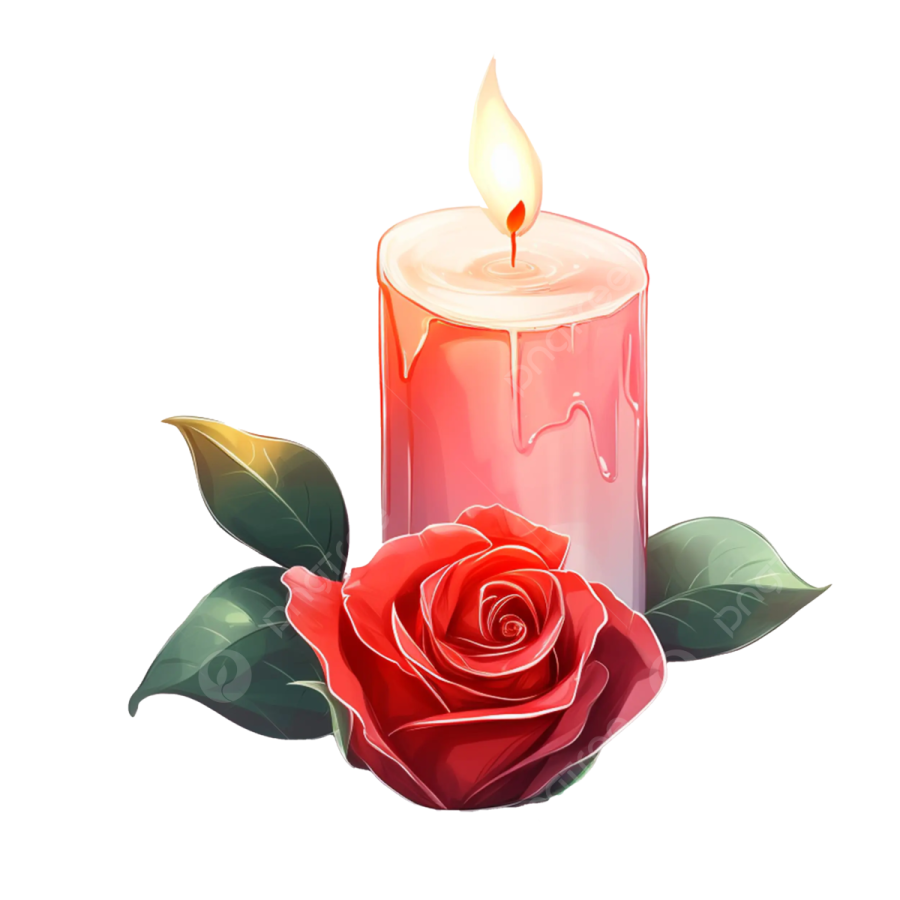 a red candle with a rose on it
