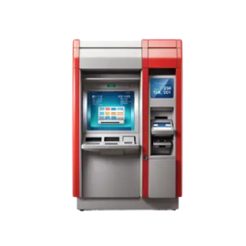 a red and gray atm machine