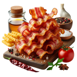 a pile of bacon and french fries on a cutting board