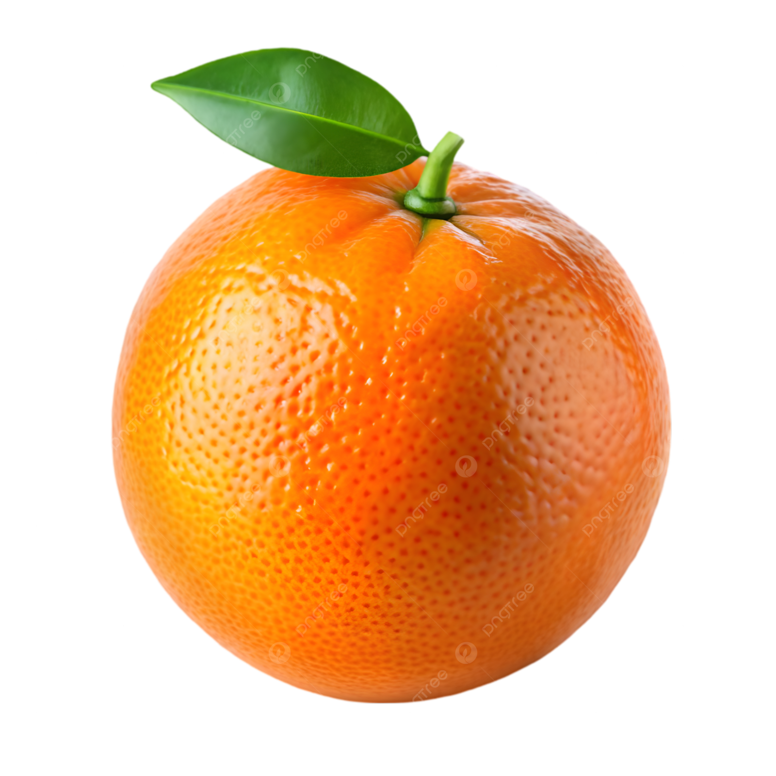 an orange with a green leaf on top