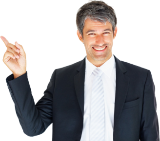 a man in a suit and tie pointing at the camera