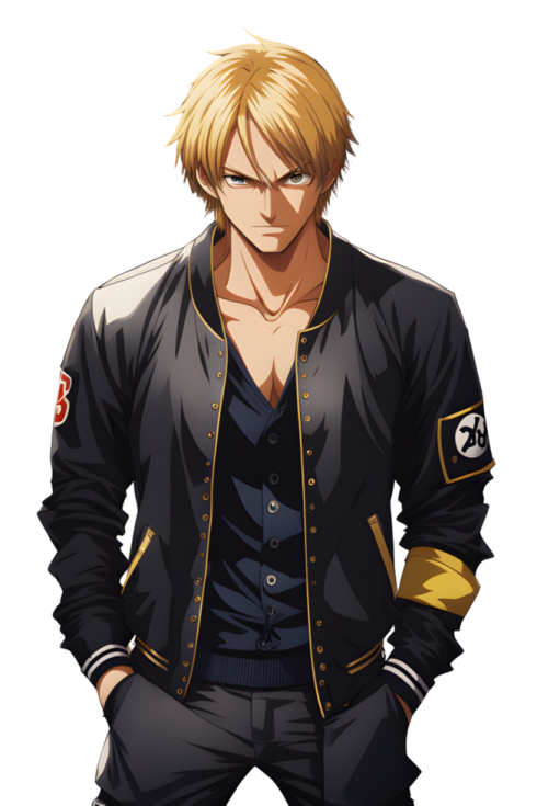 a man with blonde hair wearing a black jacket and black pants