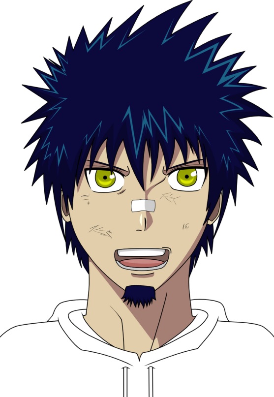 an anime character with blue hair and green eyes