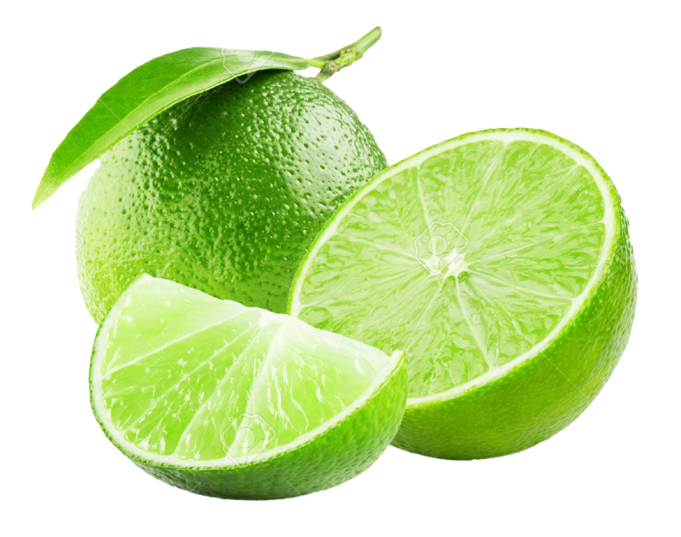 two limes cut in half on a white background