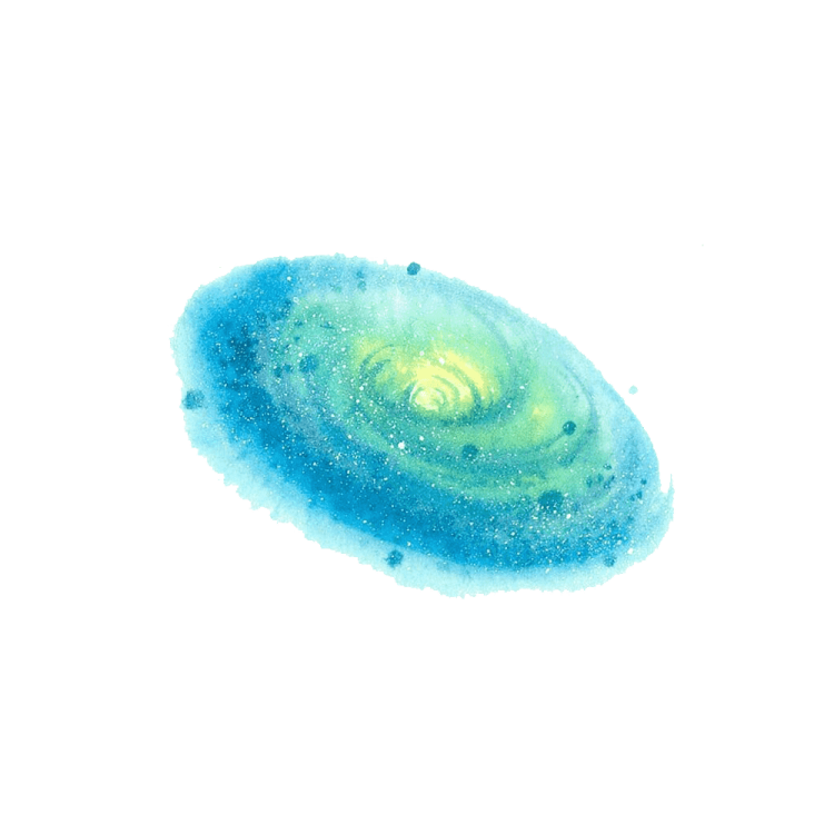 a watercolor painting of a green and blue nebula