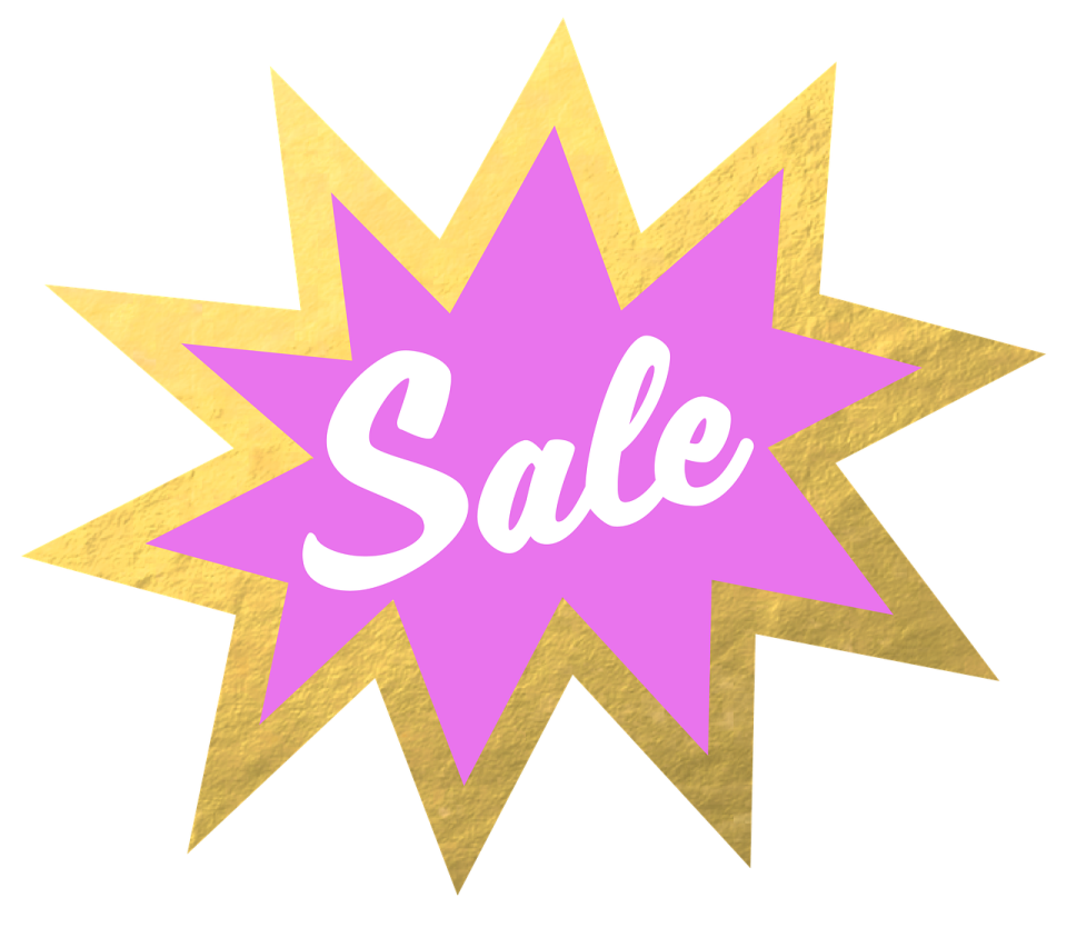 a pink and gold star with the word sale on it