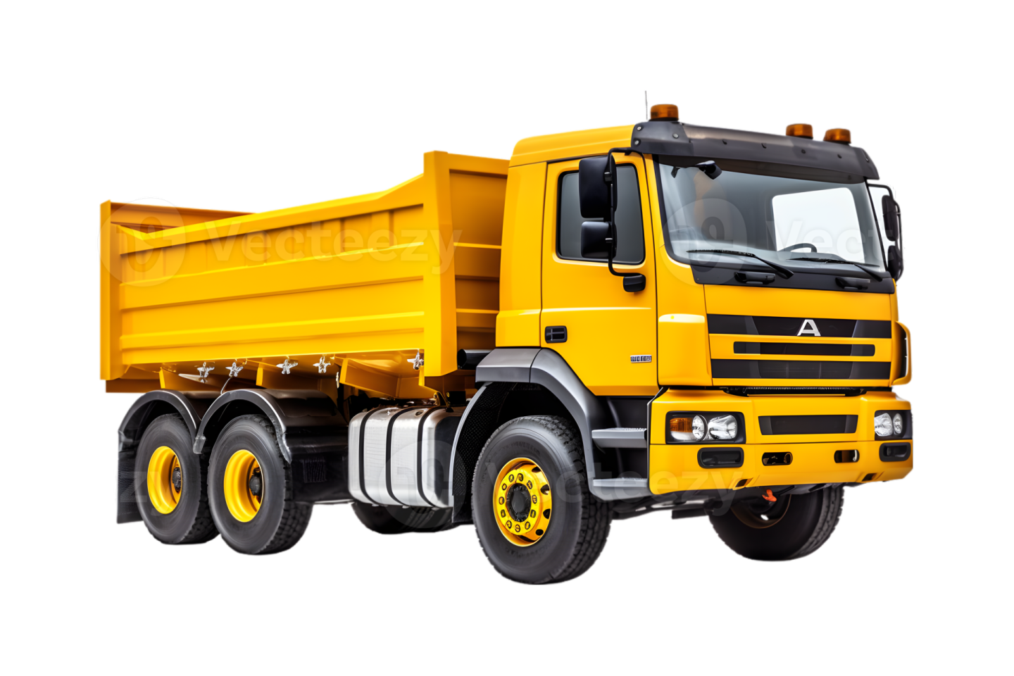 a yellow dump truck on a white background