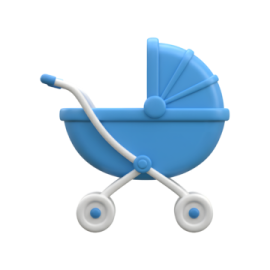 a blue baby stroller with white wheels