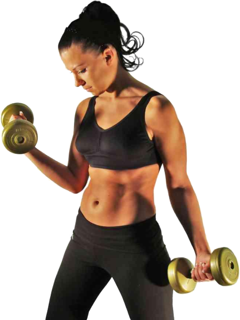 a woman holding two dumbs in her hands