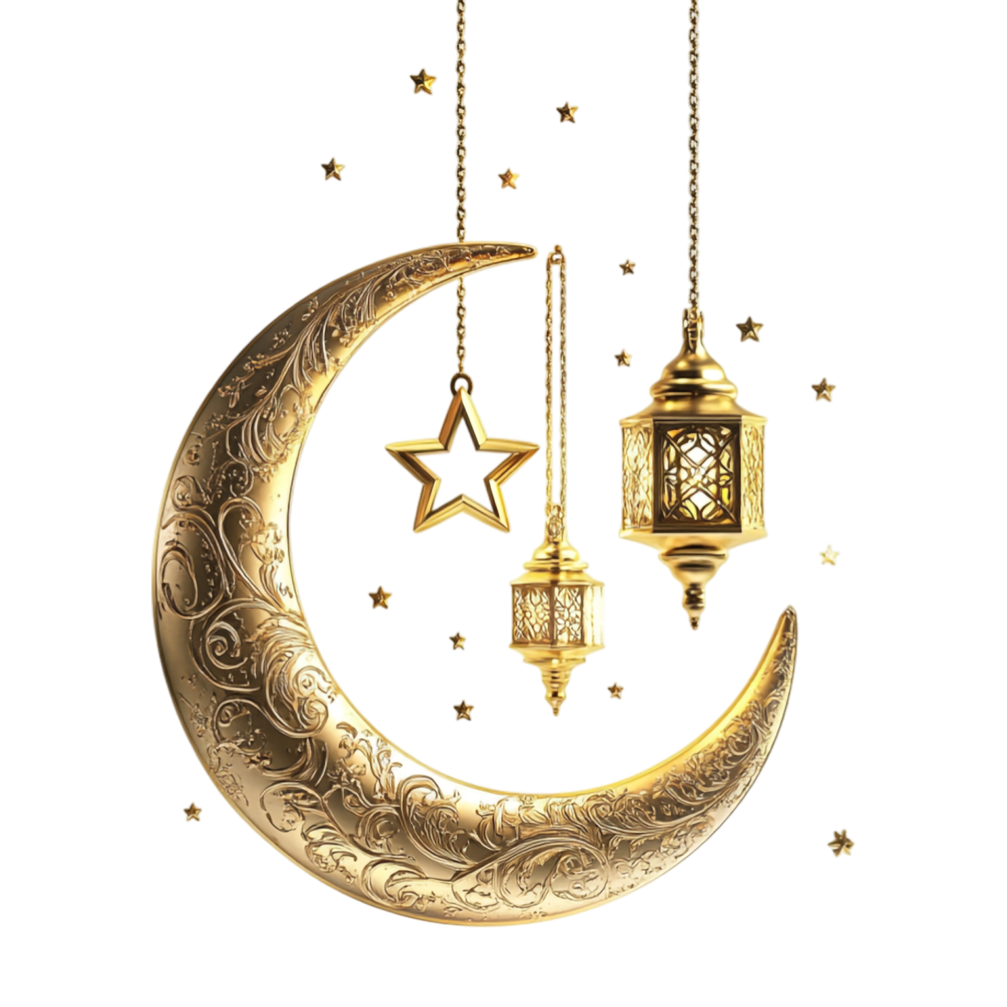 a crescent with a lantern and stars hanging from it