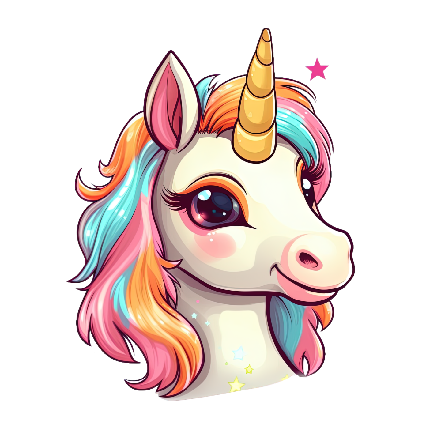 a cartoon unicorn with pink hair and blue eyes