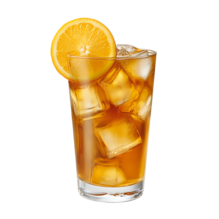 a glass filled with ice and an orange slice
