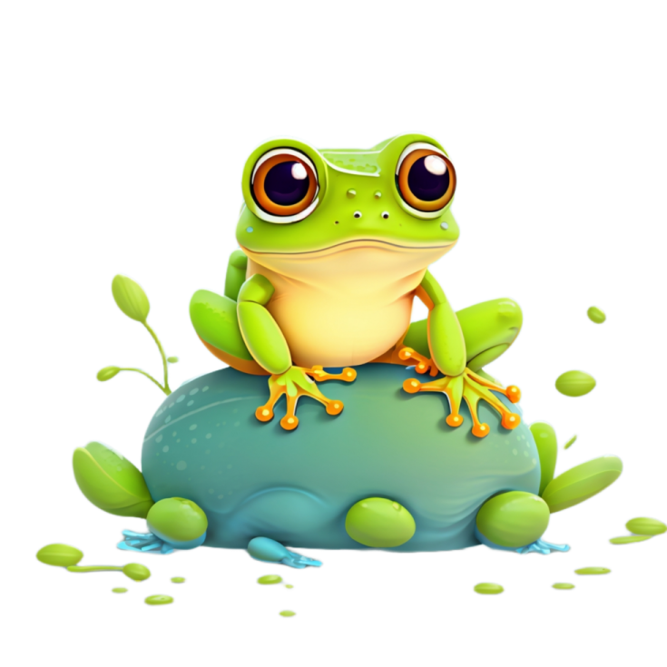a green frog sitting on top of a blue ball