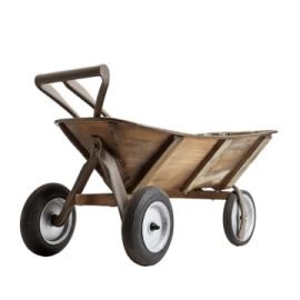 a wooden wheelbar with wheels