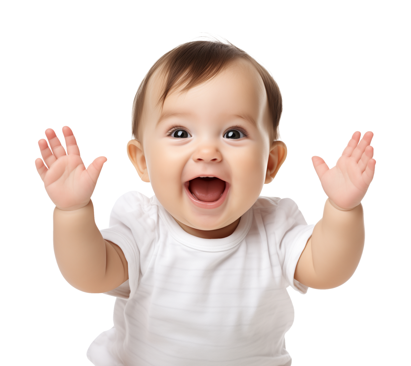 a baby with his hands up in the air