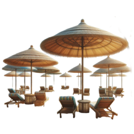a group of chairs and umbrellas on a beach